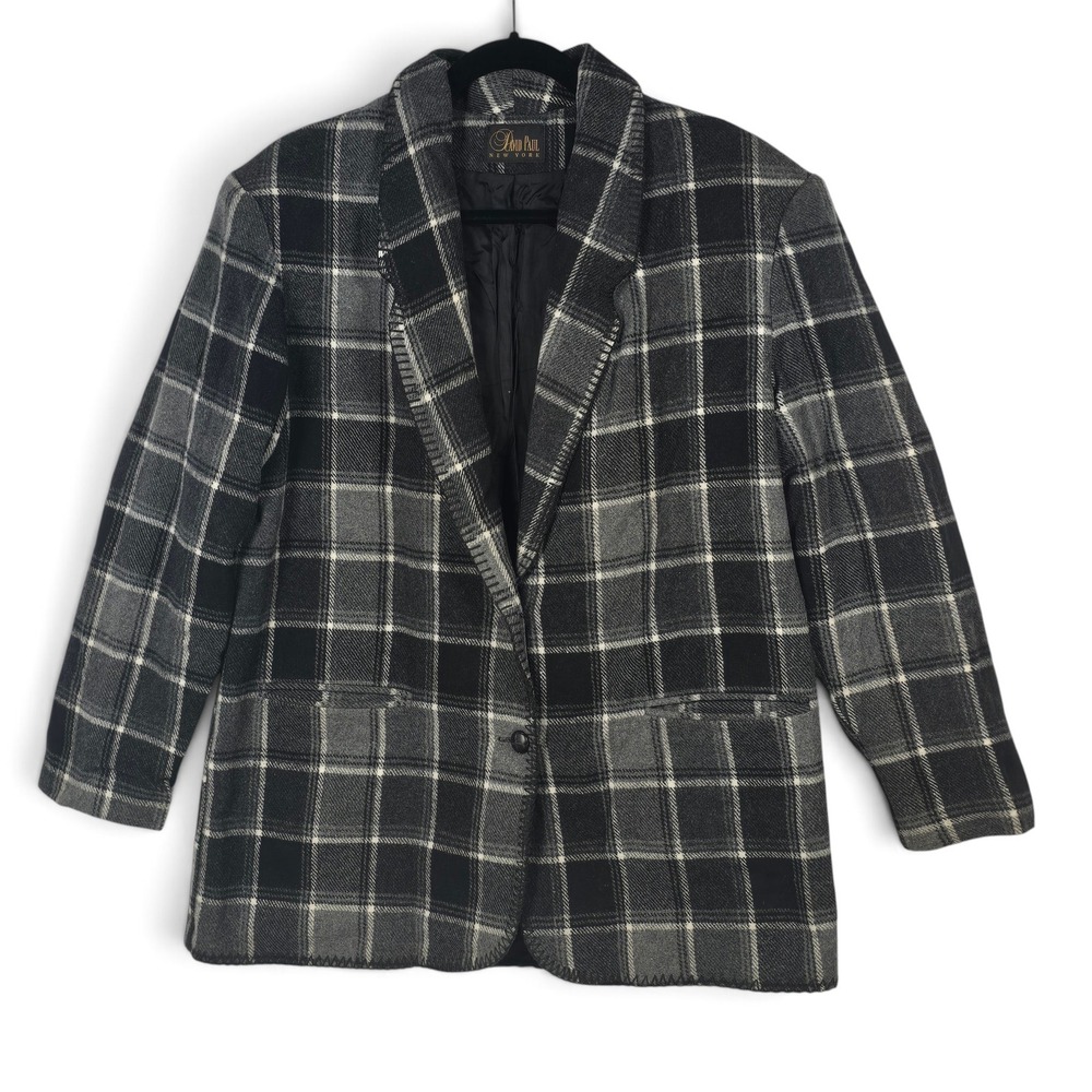 VTG David Paul Blazer Women L Wool Blend Plaid Black Gray Whipstitch Trim Jacket